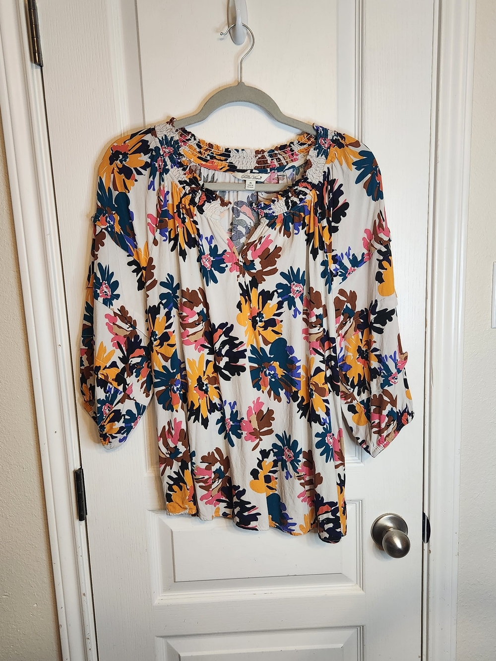 Floral Smocked Neck Peasant Top — White with Multicolor Floral Print